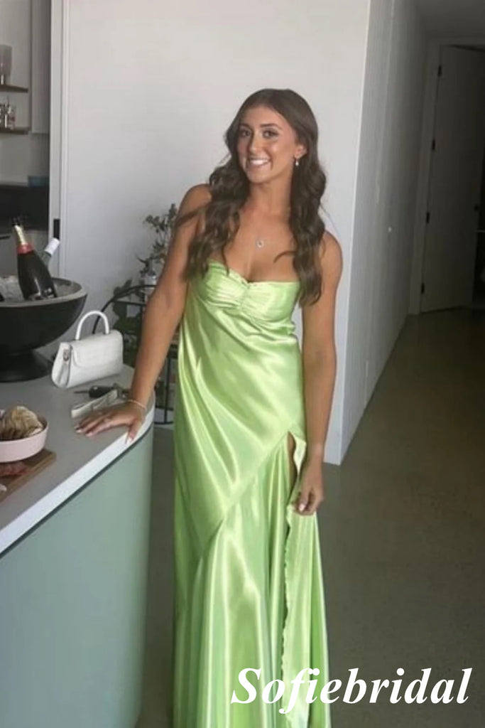 Sexy Soft Satin Spaghetti Straps Sleeveless Side Slit Mermaid Maxi Prom Dress, PD01144