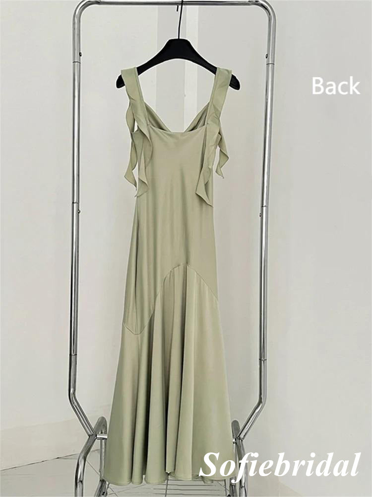 Sexy Soft Satin Spaghetti Straps Sleeveless Mermaid Ankle Length Prom Dress With Ruffle, PD01091