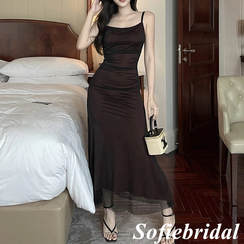 Sexy Chiffon Spaghetti Straps Sleeveless Mermaid Floor Length Prom Dress, PD01085