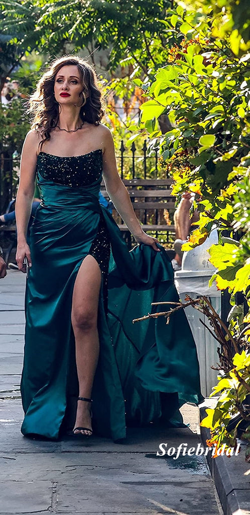 Sexy Soft Satin And Velvet Sequins Sweetheart Side Slit Mermaid Long Prom Dresses With Trail, PD0944