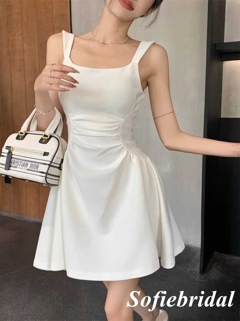 Elegant White Satin Spaghetti Straps Sleeveless A-Line Short Prom Dresses/Homecoming Dresses,HD0226