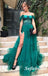 Sexy Tulle Off Shoulder Spaghetti Straps Side Slit A-Line Long Prom Dresses With Applique, PD0939
