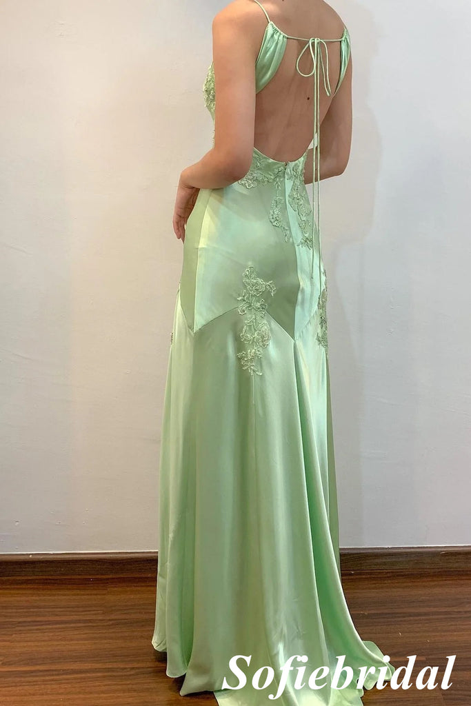 Sexy Soft Satin Spaghetti Straps V-Neck Sleeveless Mermaid Maxi Prom Dress, PD01161