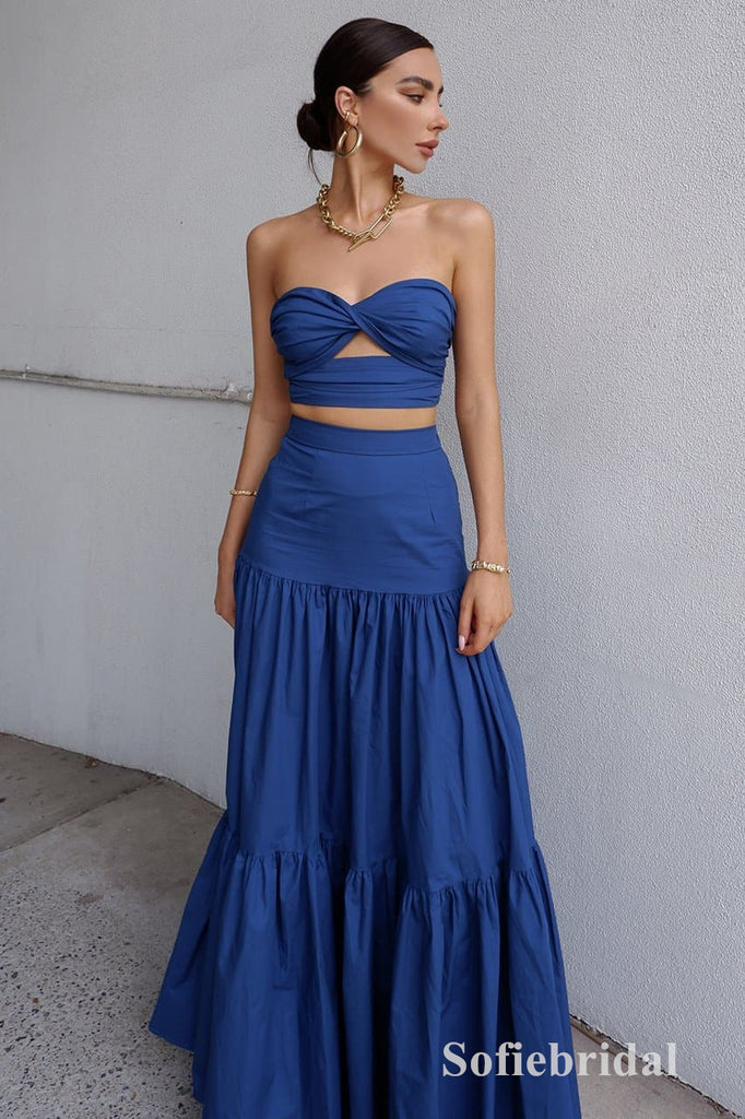 Sexy Sweetheart Two Pieces Sleeveless A-Line Long Prom Dresses, PD0895