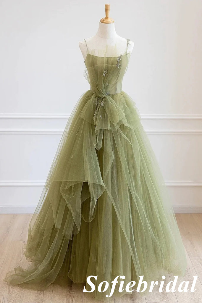 Sexy Dusty-Sage Spaghetti Straps Sleeveless A-Line Prom Dress With Applique, PD01031