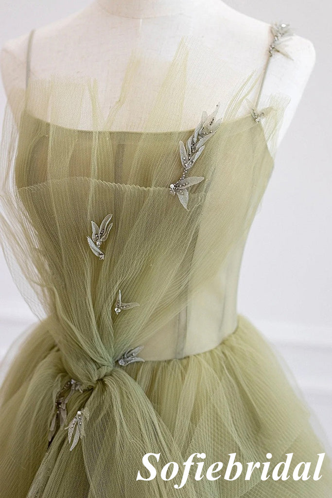 Sexy Dusty-Sage Spaghetti Straps Sleeveless A-Line Prom Dress With Applique, PD01031