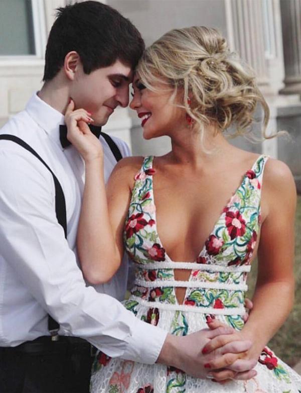 A-Line Deep V-neck Embroidery Long Lace Prom Dresses, PD0077