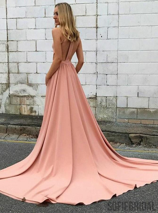 Halter Sleeveless Pockets Long Prom Dresses With Train, PD0049
