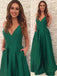 A-line Floor-length Straps V-neck Emerald Green Prom Dresses, PD0050