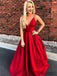 Spaghetti Straps Deep V-neck Simple Cheap Long Red Prom Dresses, PD0102
