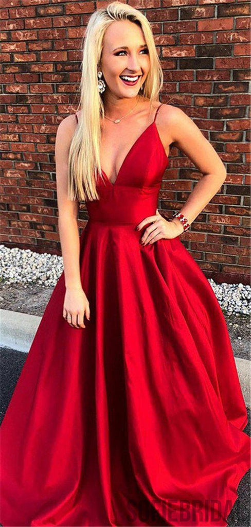 Spaghetti Straps Deep V-neck Simple Cheap Long Red Prom Dresses, PD0102