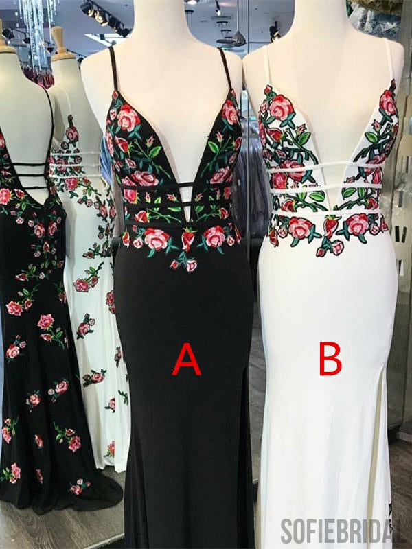 Sheath Deep V-neck Appliques Prom Dresses With Split, PD0088