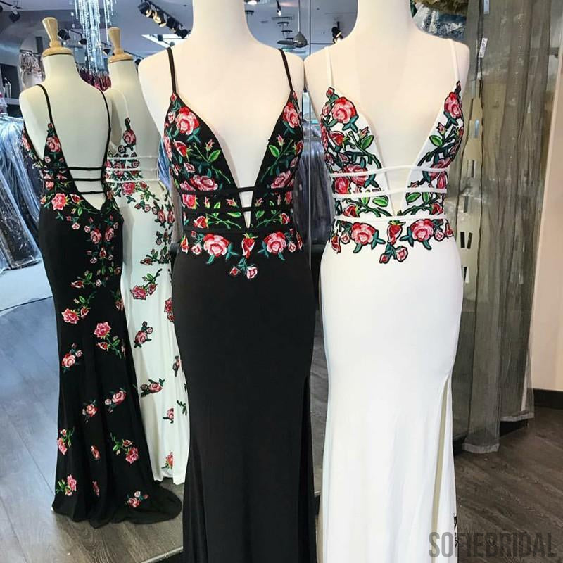 Sheath Deep V-neck Appliques Prom Dresses With Split, PD0088