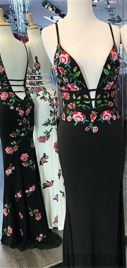 Sheath Deep V-neck Appliques Prom Dresses With Split, PD0088