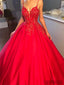 Spaghetti Straps V-neck Appliques Red Prom Dresses With Train, PD0045
