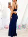 V-neck Long Mermaid Navy Jersey Beaded Prom Dresses, PD0881