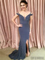 Mermaid Off-shoulder V-neck Prom Dresses With Split, PD0039