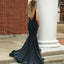 Mermaid Deep V-neck Sexy Black Prom Dresses With Train, PD0086