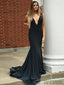 Mermaid Deep V-neck Sexy Black Prom Dresses With Train, PD0086