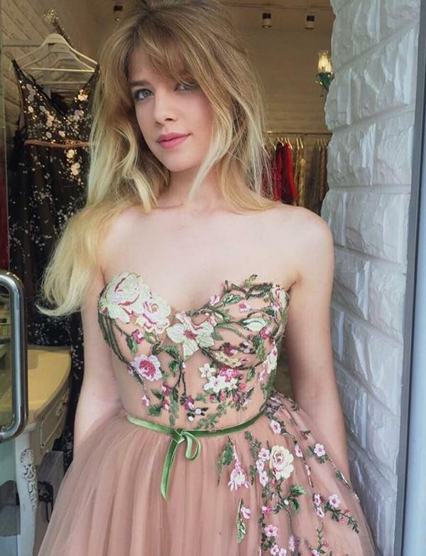 A-line Sweetheart Embroidery Long Blush Tulle Prom Dresses, PD0076