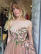 A-line Sweetheart Embroidery Long Blush Tulle Prom Dresses, PD0076