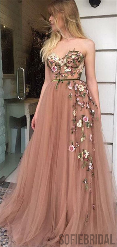 A-line Sweetheart Embroidery Long Blush Tulle Prom Dresses, PD0076