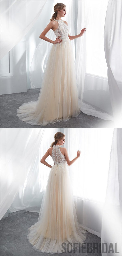 Halter Sleeveless See-though Lace Beading Long Tulle Wedding Dresses, WD0467