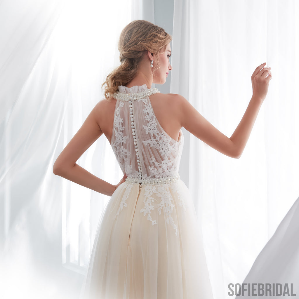 Halter Sleeveless See-though Lace Beading Long Tulle Wedding Dresses, WD0467
