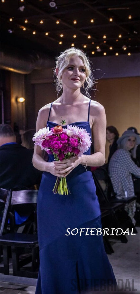 Mermaid Straps Navy Blue Backless Long Simple Bridesmaid Dresses, BD1072