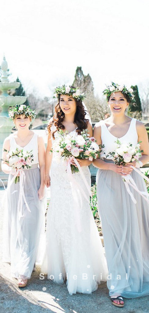 A-Line V-Neck Sleeveless Two Piece Tulle Bridesmaid Dresses,SFWG0001