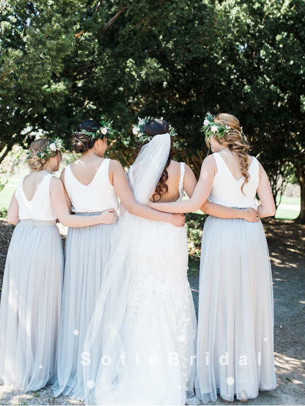 A-Line V-Neck Sleeveless Two Piece Tulle Bridesmaid Dresses,SFWG0001