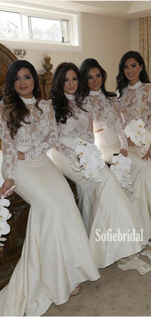 Sexy Mermaid Halter Long Sleeve White Cheap Bridesmaid Dresses,SFWG00356