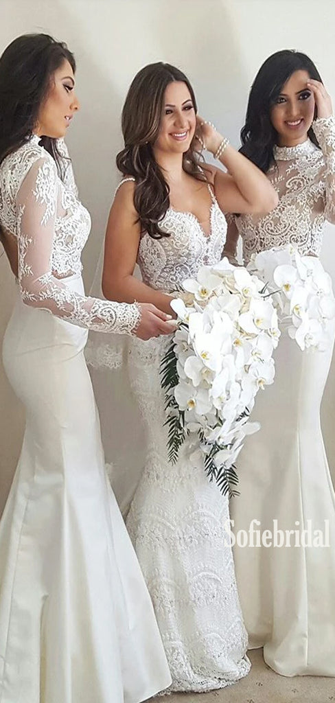 Sexy Mermaid Halter Long Sleeve White Cheap Bridesmaid Dresses,SFWG00356