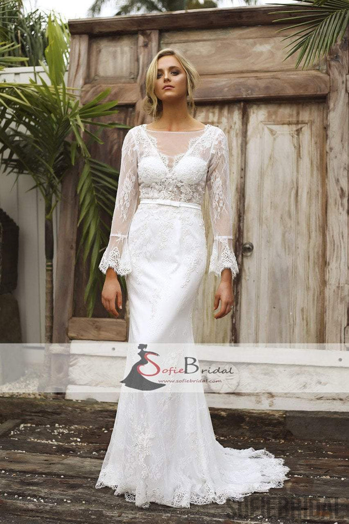 Long Sleeve See Through Lace Mermaid V-back Wedding Dresses, Romantic Bridal Gown, WD0248