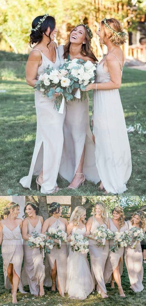 Simple Cheap Chiffon Spaghetti Strap Side Split Long Bridesmaid Dresses for Beach Wedding Party, WG100