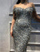 Off Shoulder Rhinestone Beaded Long Mermaid Silver Prom Dresses, PD0962