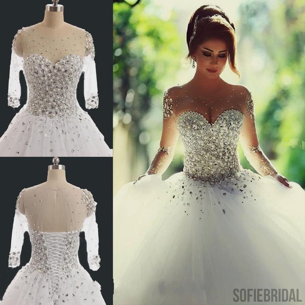 Gorgeous Illusion Long Sleeve Beaded Rhinestone Lace Up Ball Gown Wedding Dress, WD0200