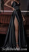 Sexy Black Satin Spaghetti Straps V-Neck Side Slit A-Line Long Prom Dresses,SFPD0478