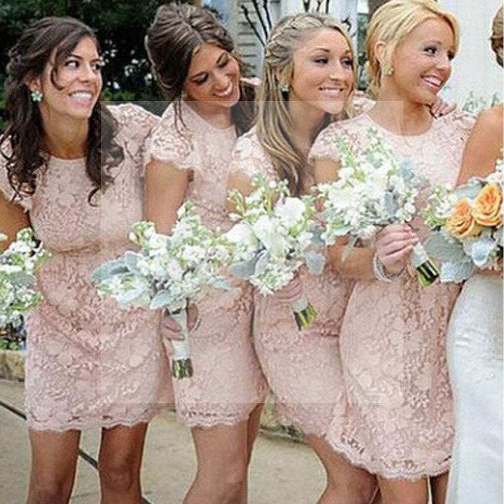 Fashion Cap Sleeve Open Back Small Round Neck Short Lace Blush Pink Mini Cheap Bridesmaid Dresses, WG116
