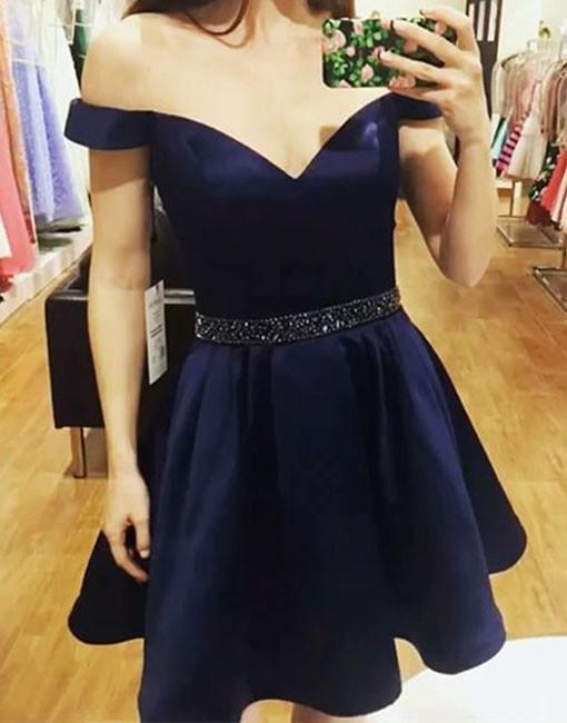 Off Shoulder Satin Homecoming Dresses, Beaded Short Prom Dresses, Homecoming Dresses, SF0099