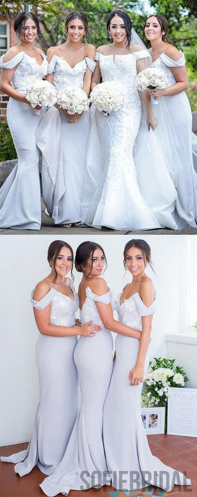 Mermaid Off-Shoulder Appliques Light Blue Bridesmaid Dresses, BD1018