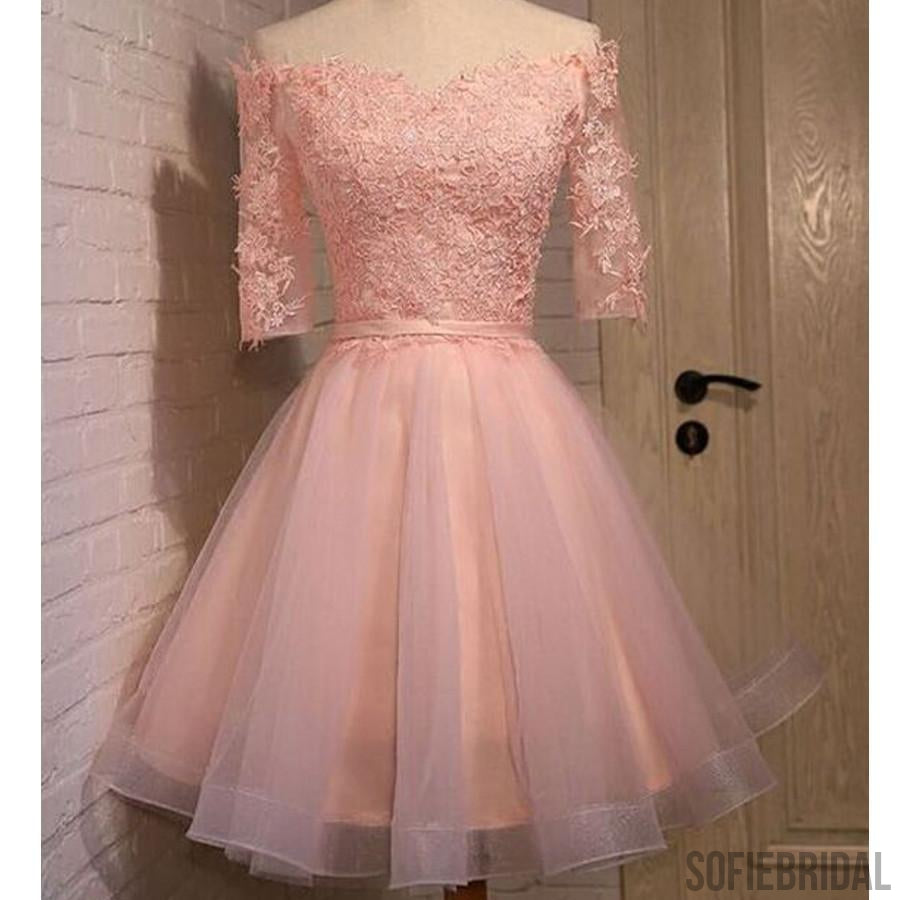 Pink lace off shoulder half sleeve graduation homecoming prom dress, SF0012