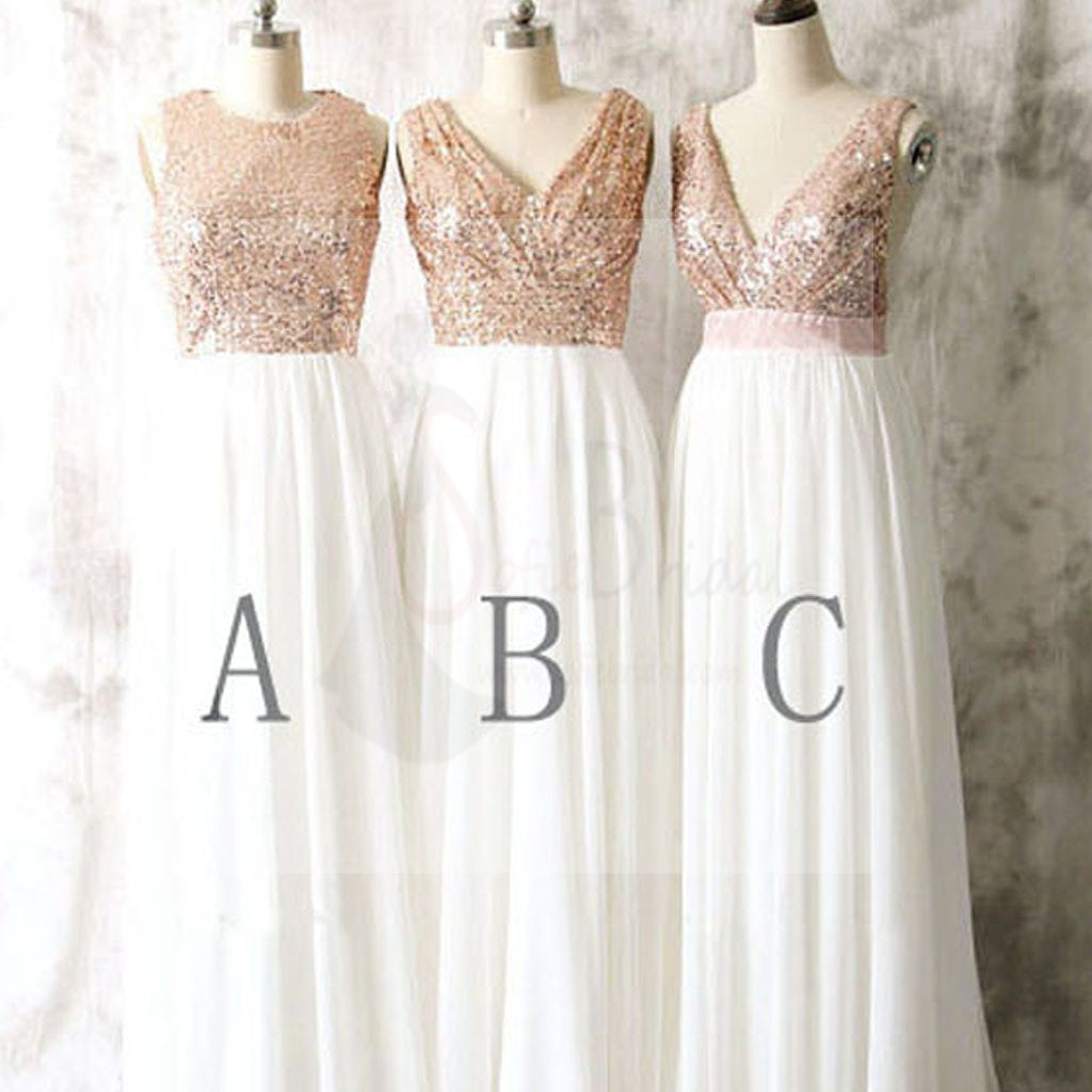 Mismatched Different Styles Sequin Top White Chiffon Sleeveless On Sale Long Bridesmaid Dresses For Wedding, WG17