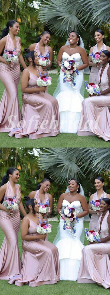 Mismatched Sexy Soft Satin V-Neck Sleeveless Mermaid Floor Length Bridesmaid Dressses,SFWG00482