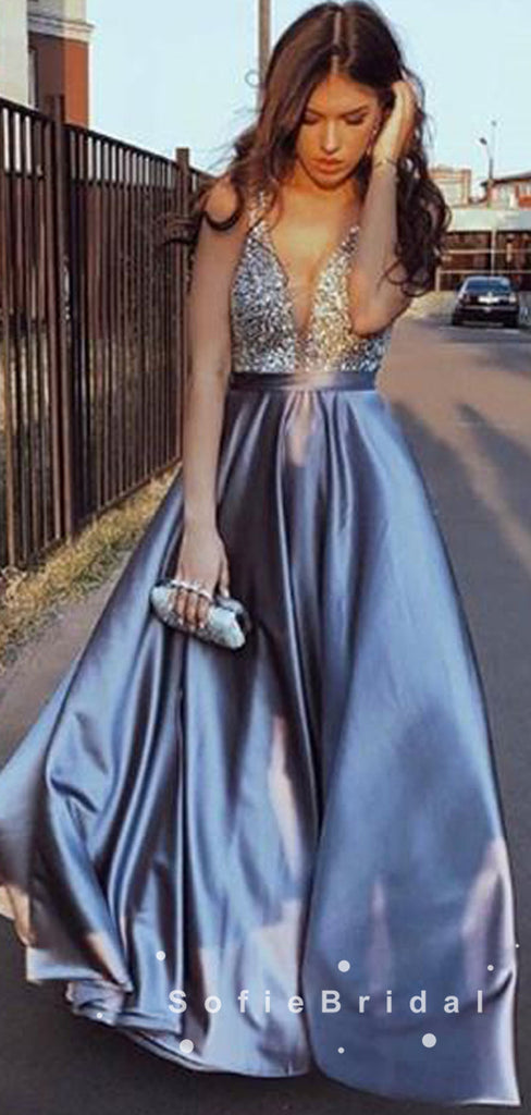 A-Line V-Neck Straps Satin Long Prom Dresses With Beading,SFPD0013