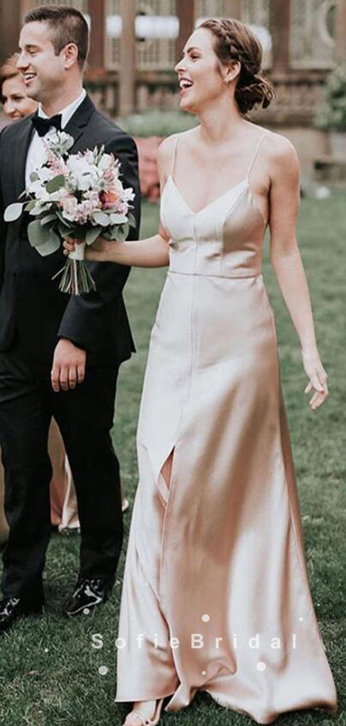 Simple Sheath V-Neck Spaghetti Straps Side Slit Long Bridesmaid Dresses,SFWG0013