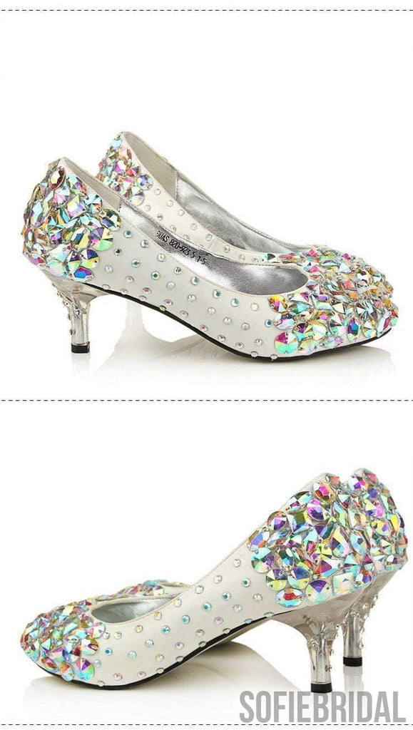 Popular Sparkly Crystal High Heels Pointed Toe White Wedding Bridal Shoes, S011