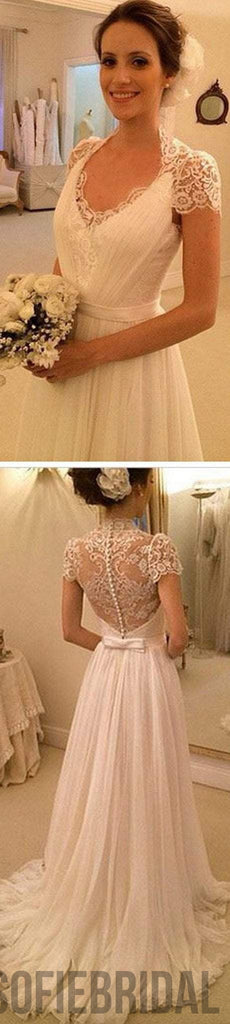 Elegant Cap Sleeve See Through Lace Top Sheath Cheap Wedding Dresses, WD0137