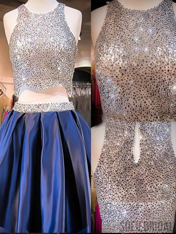 Popular Two Pieces Navy Blue Satin Beaded Homecoming Prom Dresses, SF0048