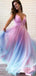 Alluring A-Line V-Neck Spaghetti Straps Ombre Chiffon Long Prom Dresses With Pleats,SFPD0014